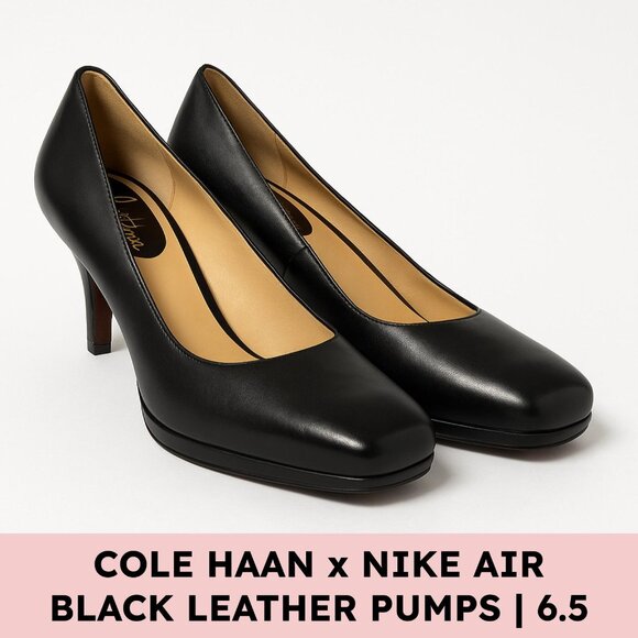 Cole Haan Leather Almond Toe Pumps Nike Air Comfort Heel 6.5B Black - Picture 1 of 11